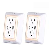USB Wall Charger, Surge Protector, POWRUI USB Outlet with 2 USB Ports (2.4A Total) and Dusk-to-Dawn Sensor Night Light, 1080Joules, ETL Listed - White (2-Pack)