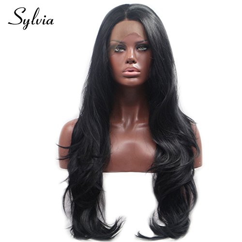1B# Black Natural Wave Synthetic Lace Front Wig Middle Parting Half Hand Tied Heat Resistant for Black Woman â€¦