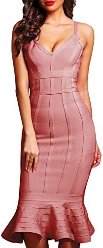 Fbeauty Women's V Neck Mermaid Strap Bandage Dress Midi FB15249 (XS, Coffee)