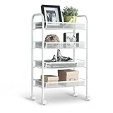 LANGRIA Carrito Auxiliar de Bandejas de Malla Metálica con Ruedas, Estantería Metálica, Uso Múltiple para Cocina, Salón, Oficina, Baño, Color Blanco (4 Bandejas)
