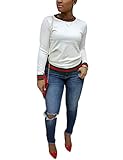 Akmipoem Women's Ribbon Stripe Patchwork Long Sleeve Pullover Tops Sweatshirt White S