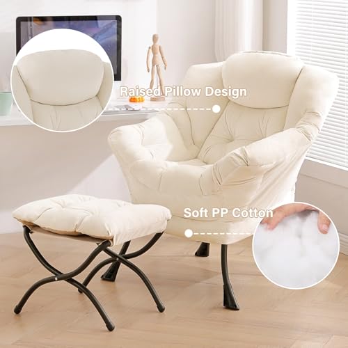 Tiita Lazy Chair with Ottoman, Beige Modern Large Accent Chair, Comfy Leisure Sofa Armchair with Ottoman, Reading Chair with Footrest for Bedroom, Living Room, Dorm Rooms, Velvet Beige