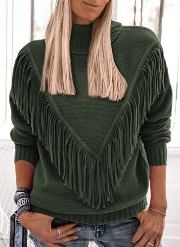 PRETTYGARDEN WOMENS 2024 FALL TURTLENECK SWEATER TOPS LONG SLEEVE FRINGE CHUNKY KNIT PULLOVER SHIRTS (ARMY GREEN,LARGE)