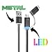 HANDY MOBILE Easy Find LED Light Up Metal Universal 2-In-1 Sync & Charge Cable with 8 Pin Lightning & Micro USB Connectors for iPhone 6 6Plus, iPad Air Mini, Android Galaxy S5 S6