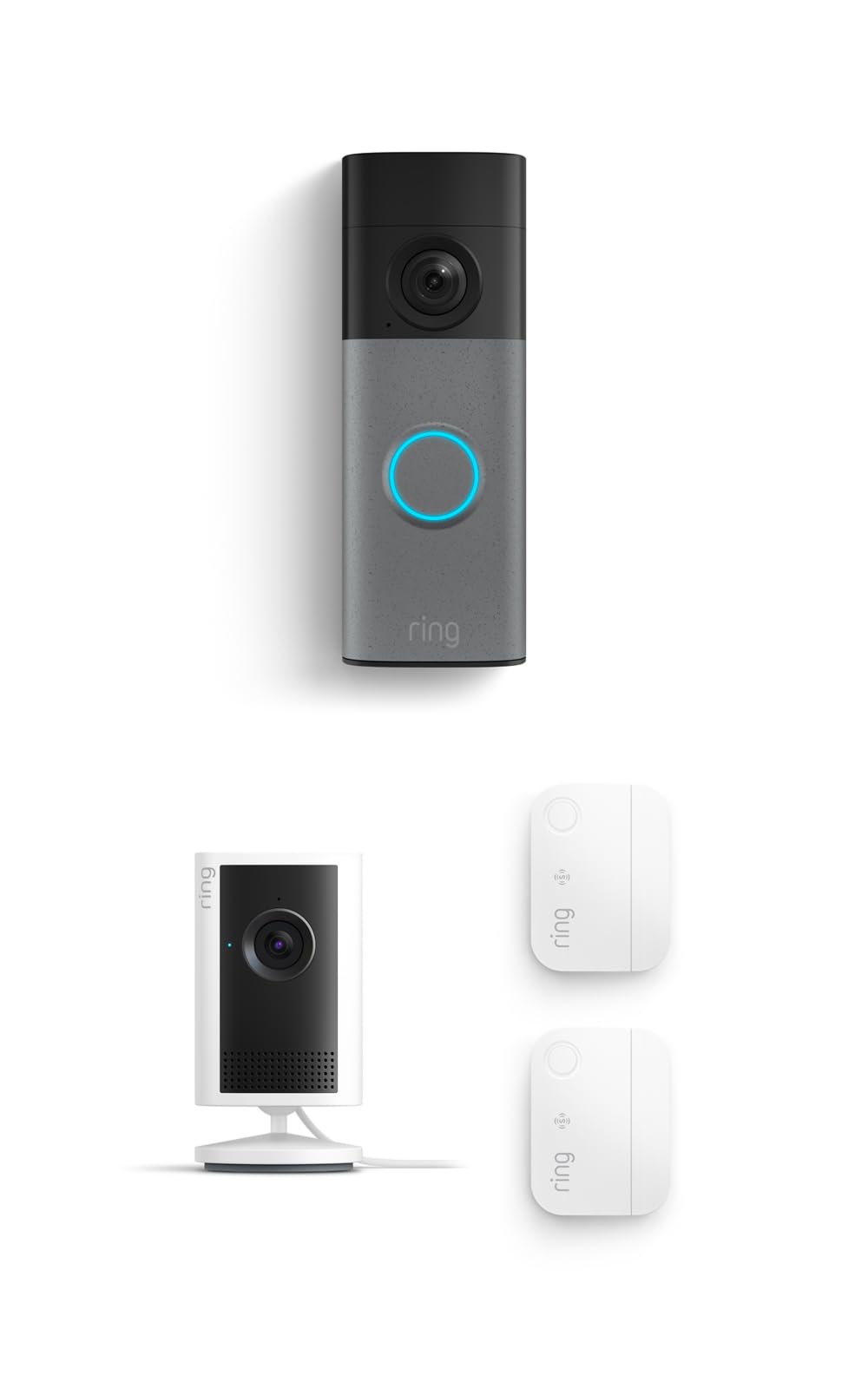 Ring See & Sense Security Pro Kit, Battery Doorbell 2K, Speckled Gray with Indoor Cam 2K, White and smart entry detection for
