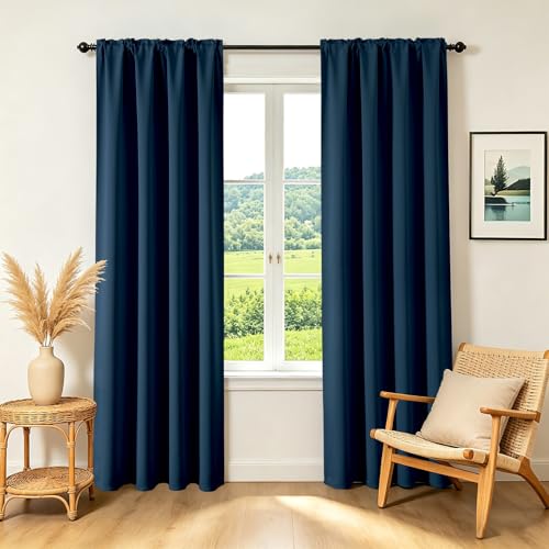 CUCRAF Navy Blue Blackout Curtains 45 inch Length 2 Panels Set, Rod Pocket Room Darkening Drapes for Bedroom Living Room, Insulated Thermal Light Blocking Window Curtain (W52 x L45 Inch)
