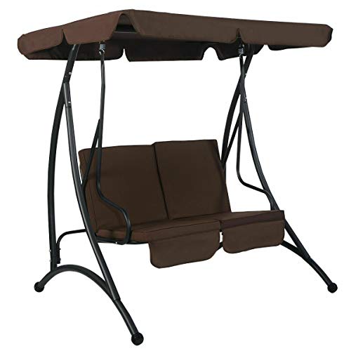 SRETAN 2 Person Canopy Swing Chair Brown Black Polyester Fabric Cotton Steel Patio Hammock Seat Cushioned Furniture Steel Size 58.0x44.7x64.6 inch