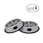 Cat Bowls Set By Petfuren - Non-Skid Stainless Steel Cat Dish 8 Ounce with Gray Color and Cute Cat Face for Pet Food & Water Bowl (Set of 2)