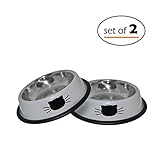 Cat Bowls Set By Petfuren - Non-Skid Stainless Steel Cat Dish 8 Ounce with Gray Color and Cute Cat Face for Pet Food & Water Bowl (Set of 2)