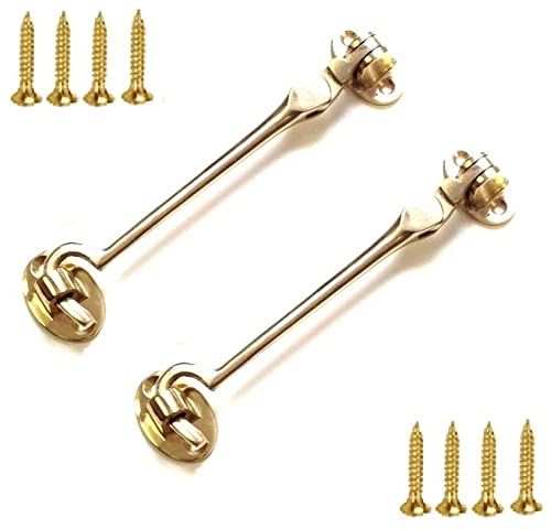 TERF® 100mm Heavy Duty Polished Brass Cabin Door Hook and Eye Lock 100mm (4 inch) Cabinet Latch including Fixing Screw For Door Gate Window Closet Shed Latch - Pack of 2