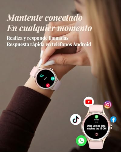 TOOBUR Women's Round Smartwatch, 40 mm Sports Smartwatch, Calorie Step Counter, Compatible Android iOS, Answer/Make Calls, Women's Health Watch, IP68 Waterproof, Pink