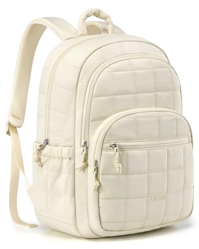 bagsmart Laptop Backpack for Women, Travel Backpack, School Backpack, Teenager Quilted Daypack, Waterproof Book Bag for 15.6 Inch Laptop, College Travel, Beige