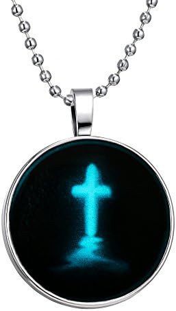 Time Gem Silver Tone Ball Chain Round Charm Glow in the Dark Pendant Necklace (Christ Cross)