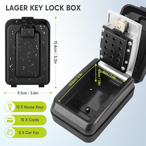NEWIROVE Outdoor Key Safe Large Key Box with Code Waterproof Safe Key Box Wall Key Holder 12 Digits Key Box for Home Garage Office, Grey