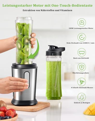 Mixer, 500 W Mini Stand Mixer & Smoothie Maker with 2 x 600 ml Bottles, BPA-Free Tritan, Portable Mixer Smoothie Maker Made of Stainless Steel, 4 Sheets for Shake, Smoothie, Silver and Black