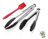 Chefvie Premium Stainless Steel Silicone Kitchen Tongs 2 Pack (9-Inch & 12-Inch) Black, Bonus Silicone Basting Brush