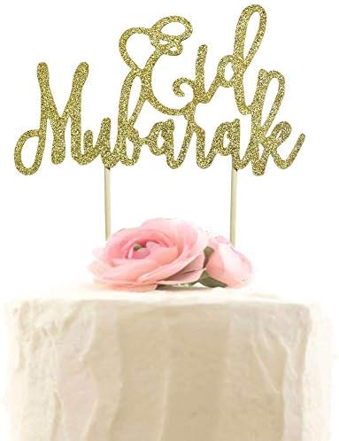 Eid Mubarak Cake Topper, Ramadan Kareem Cake Toppers, Muslim Islamic Toppers for Wedding Baby Shower Birthday Party Decorations - Gold Glitter