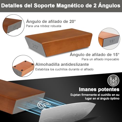 Afilador de Cuchillos Rodante Profesional, Rodillo Afilador de Cocina con Discos de Diamante Industrial 400/1000 Proporciona Ángulo Molienda Magnético 15° 20° para Afila Fácilmente Todo Tipo Cuchillos