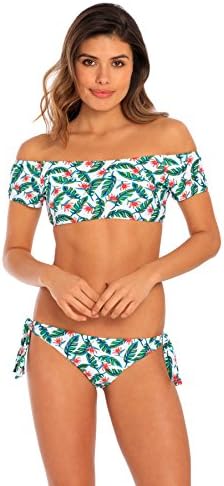 Off Shoulder Swimsuit Bathing Suit Hot Tropics 2 Piece Swimwear Bikini Set (Large, Green Floral)