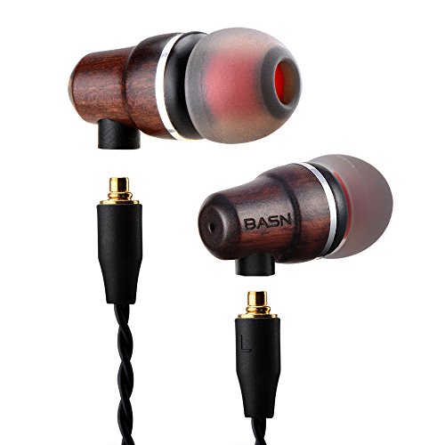 BASN EbonBC200 in-ear Headphones with MMCX Interchangeable Cable, Noise Isolating DEEP BASS Ebony Wood Earphones
