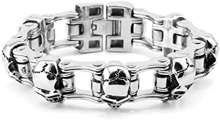 King Will Mens Stainless Steel Bracelet Retro Gothic Skull Bicycle Chain Two Tone Black Silver(KL-3)