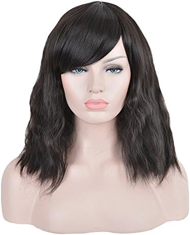 SiYi Women's Natural Black Medium Kinky Wave Cheap Heat Resistant Synthetic Wig