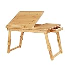SONGMICS Multi Function Lapdesk Table Bed Tray Foldable Adjustable Breakfast Table Tilting Top with Storage Drawer Bamboo Wood Natural ULLD01N