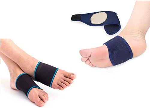 Compression Arch Support Brace/Sleeves (1 Pair) and Adjustable Plantar Fasciitis Arch Support Wraps with Gel Cushion (1 Pair) for Plantar Fasciitis, Foot Pain &amp; Flat Feet Relief (4 Pieces Set)-Size M
