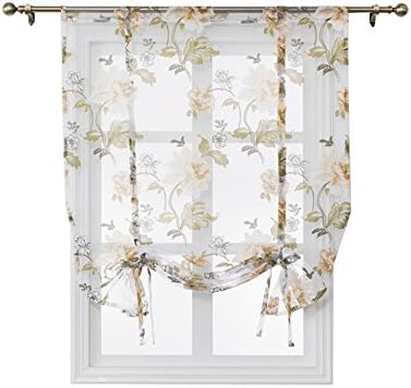 SINOGEM Kitchen short sheer curtains burnout roman blinds sheer panel tulle window treatment door curtains home decor-Tie Up sheer for Small Window (Yellow, 31" W x 47" L)