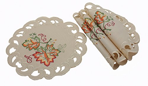 Xia Home Fashions XD160919 Thankful Leaf Embroidered Cutwork Fall Doilies, 12" Round, Set of 4