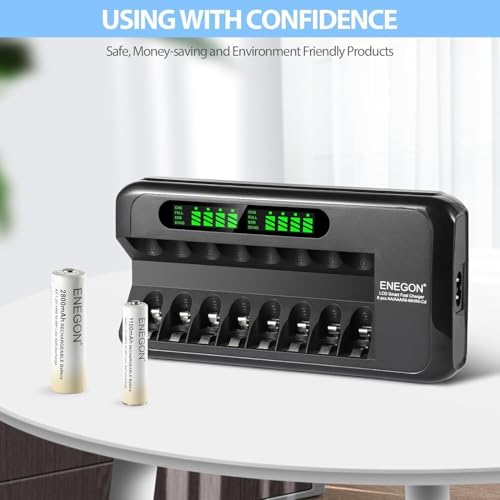 ENEGON Rechargeable AA and AAA Battery Charger, Fast 8 Slots with 4 Rechargeable AAA 1100mAh&4 AA 2800mAh Ni-MH Pre-Charged High Capacity for Home Toys and Electronics