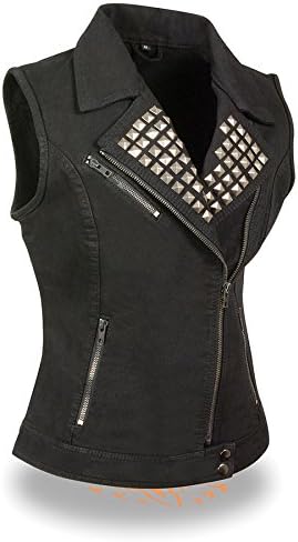 Milwaukee Denim Women's Studded Denim Vest with Front Zip (Black, Small)