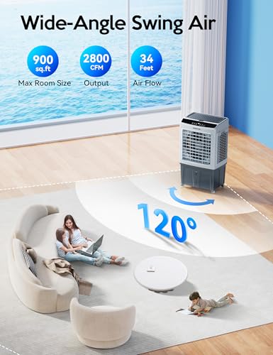 VAGKRI 35" Evaporative Air Cooler, 2800CFM Swamp Cooler, 120°Oscillation Air Cooler with Remote Control, 24H Timer, 3 Modes & Wind Speeds for Outdoor Indoor Use, 9.2Gallon