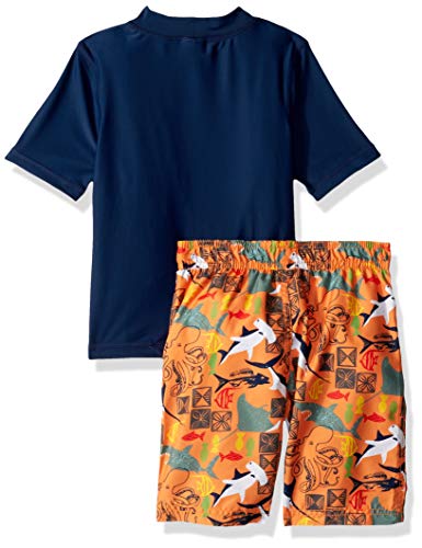 KIKO & MAX Little Boys' Swimsuit Set with Short Sleeve Rashguard Swim Shirt, Shark Dude Navy, 4