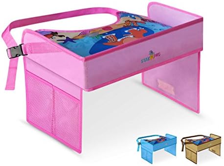 Kids Travel Tray by StayNpro, Attractive Surface, Strong Buckles, Sturdy Side Walls, Dual Mesh Pockets, Durable Child Lap Tray for Snacks and Drawing Activity in Car Seat, Stroller and Plane (Pink)