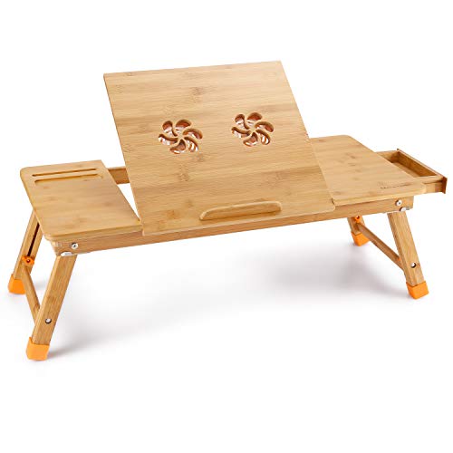 Laptop Desk, NNEWVANTE Bamboo Laptop Table Adjustable Lap Tray Large Size Bed Serving Tray Breakfast Table Foldable Notebook Computer Desk Great Heat Dissipation [2 USB Fans] Right-Left Hand Design