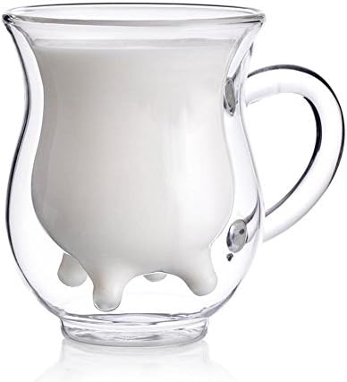 Milk Glass Pitcher and Cups,Double Wall Glass Cup 250ml Handcraft Borosilicate Glass Cute Calf Insulated Mugs Thermo Coffee Milk Cups
