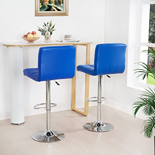 Elle Adjustable Bar Stools Set of 2, Swivel Bar Chair Leather Blue Bar