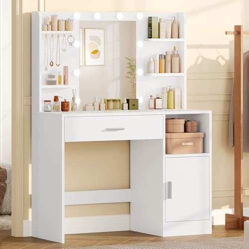 TEENFON Vanity Desk with Mirror and Lights, Makeup Vanity with Large Drawer, 4 Shelves and 5 Jewel Hooks, Dressing Table with Cabinet & Open Compartment for Bedroom, White