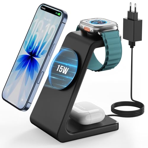 GEEKERA 3-in-1 Ladestation mit MagSafe, 15W Schnell Induktive Ladegerät für iPhone Air/17/16/15/14/13, Schnellladegerät für Apple Watch 11-2, Fast Cha