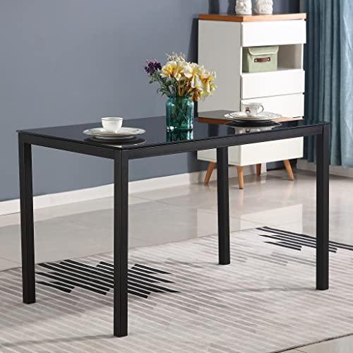 Black Glass Dining Table, Tempered Glass Top Table Metal Legs
