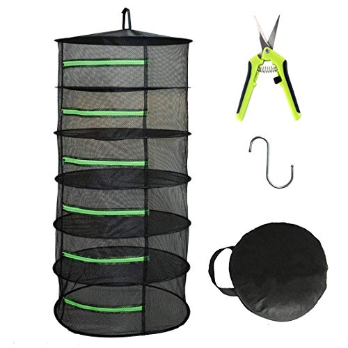 HYDGOOHO 6 Layer 2ft Herb Drying Rack Net Dryer Black Mesh with Green Zippers Hydroponics (6Tier-D24xH47.6inch with Pruning Shear)