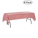 Oojami Pack of 6 Plastic Red and White Checkered Tablecloths - 6 Pack - Picnic Table Covers