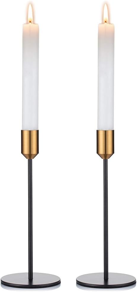 Nuptio Candle Stick Stands Tall - Thin Candle Holders Black & Gold, Elegant Candlesticks Holder Metal for Table Centerpieces Ornaments Halloween Dinner Banquet Valentines Home Decor, 2 Pieces