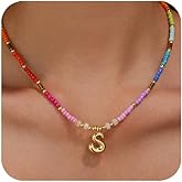 OPFIV Colorful Beaded Initial Necklaces for Women 14K Gold Plated Cute Bubble Letter Beads Necklace Summer Rainbow Boho Choker Necklace Dainty Trendy Jewelry for Her