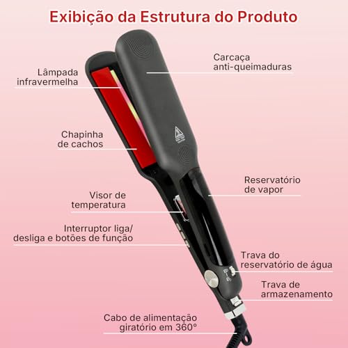 QBuen Chapinha profissional a vapor infravermelho, Ahapinha bivolt, Chapinha ceramica, Aquecimento rápido em 20 segundos, 13 configurações de temperatura