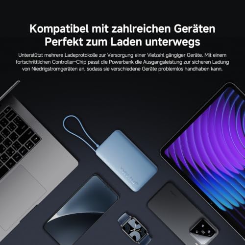 22.5W Power Bank mit Integriertem Kabel - 10000mAh, Schnellladefunktion, lädt 3 Geräte gleichzeitig, flugtauglich, in 4.5 Stunden aufgeladen - praktisch und kompakt, Blau