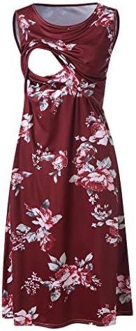Carolui Maternity Women's Knee Length Swing Dress Summer Sleeveless Flower Printed Nursing Breastfeeding Dress