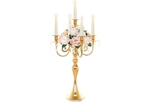 KOLNLALA 20.3'' Tall 5 Arm Gold Candelabra Centerpiece for Table, Metal &Crysyal Candle Holder, Retro Candelabra/Candlestick Table Centerpieces for Party, Events, Home, Wedding Decor (1pc, Gold)