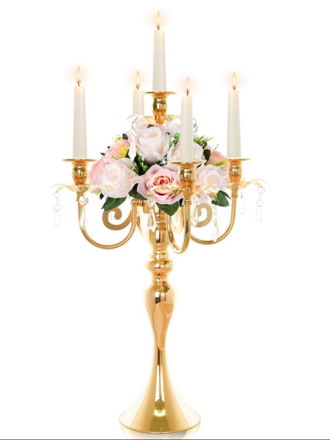 Photo 1 of 20.3'' Tall 5 Arm Gold Candelabra Centerpiece for Table, Metal &Crysyal Candle Holder, Retro Candelabra/Candlestick Table Centerpieces for Party, Events, Home, Wedding Decor (1pc, Gold)